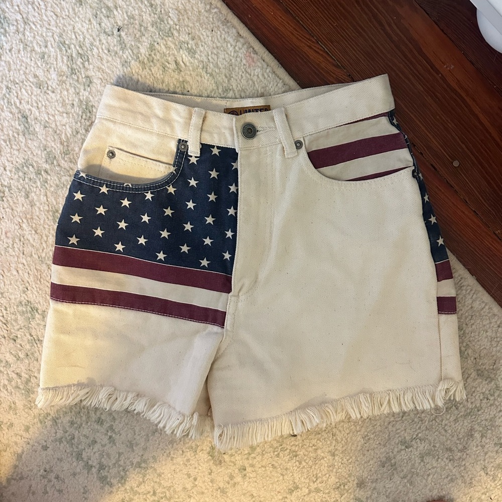 The Limited Cream and Blue American Flag Jean Shorts Distressed Hem
